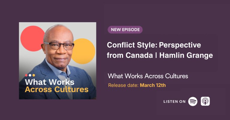 Podcast cover art for What Works Across Cultures: Hamlin Grange portrait with colorful circles and episode title on a purple panel.