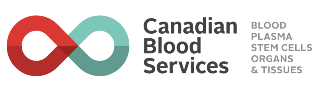 Canadian Blood Services logo featuring a red-teal infinity loop and the text 'Canadian Blood Services' with 'Blood Plasma Stem Cells & Tissues'